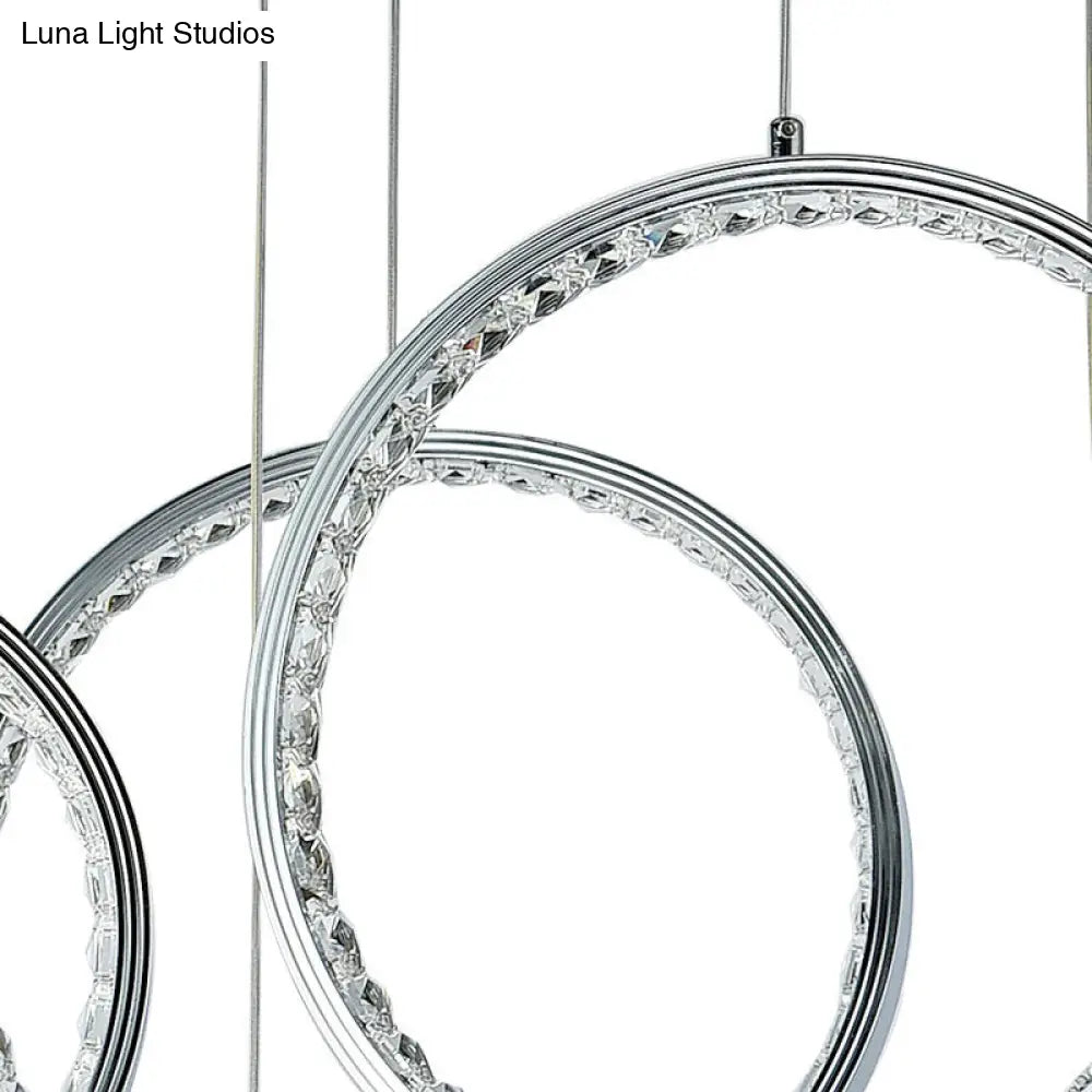 Circle Crystal Pendant Light With Cluster 3 Lights - Minimalist Design Chrome Finish Warm/White