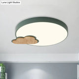 Circle Flush Macaron Led Ceiling Light With Grey/Green Finish And Cloud Wood Detail - White/Warm