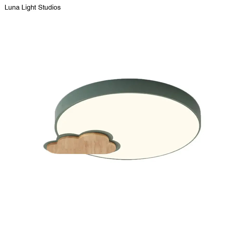 Circle Flush Macaron Led Ceiling Light With Grey/Green Finish And Cloud Wood Detail - White/Warm