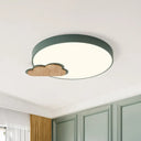 Circle Flush Macaron Led Ceiling Light With Grey/Green Finish And Cloud Wood Detail - White/Warm