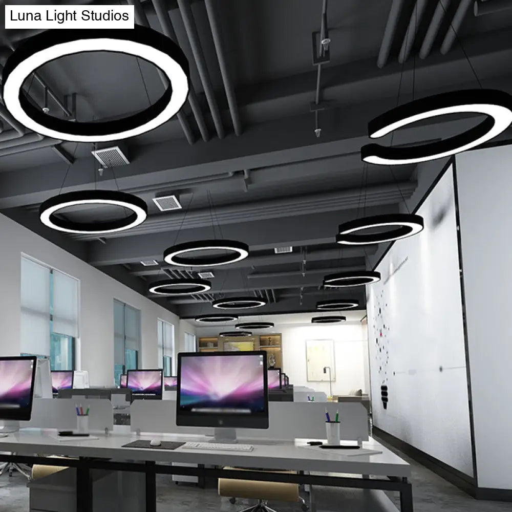 Circle Led Pendant Light Kit Minimalism Acrylic Office Hanging Lamp In Black 16’/23.5’/47’ Dia