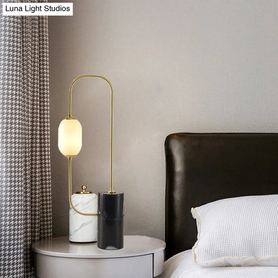 Designer Matte Glass Circuit Nightstand Lamp - Black And Gold Table Lighting With Cylinder Marble