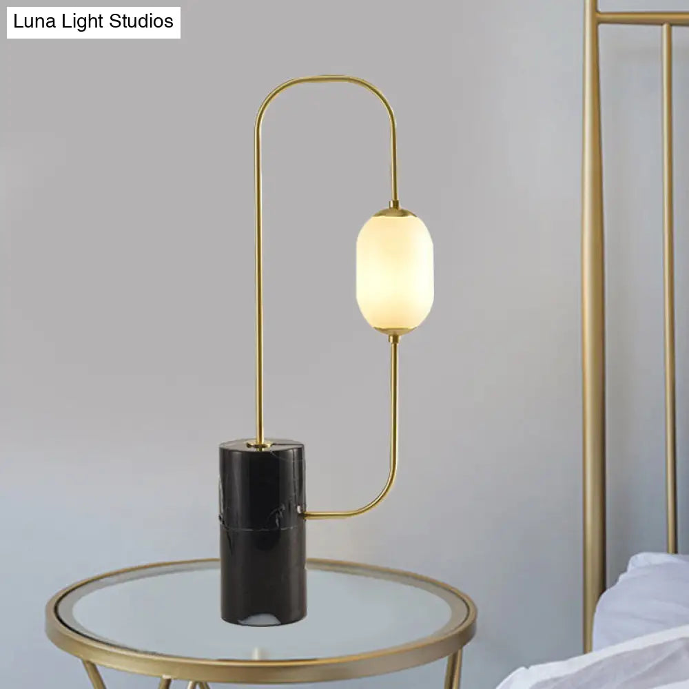 Designer Matte Glass Circuit Nightstand Lamp - Black And Gold Table Lighting With Cylinder Marble