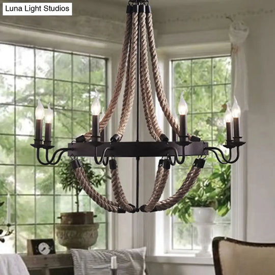 Circular Black Metal Ring Pendant Light With Rope Hanging - Industrial Ceiling Fixture