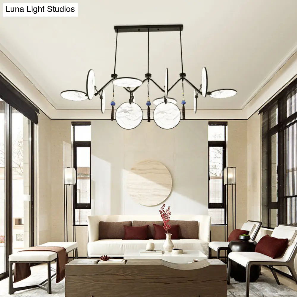 Circular Fan Island Lamp: Modern Acrylic Led Suspension Light With Landscape Print Perfect For