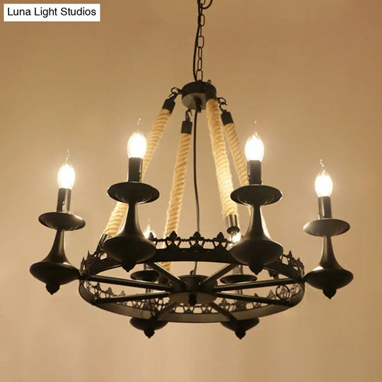 Industrial Black Hemp Rope Chandelier Light Fixture - Circular Iron Ceiling Lighting For Restaurants