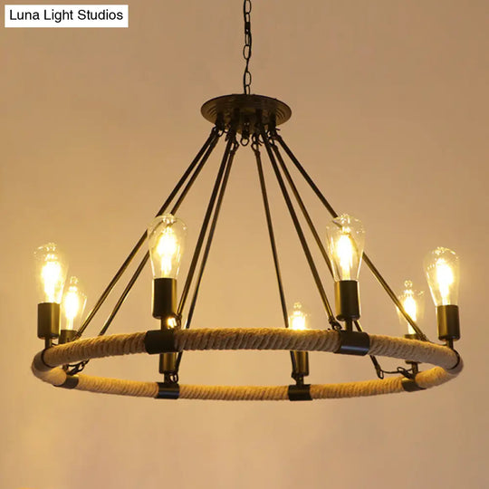 Industrial Black Hemp Rope Chandelier Light Fixture - Circular Iron Ceiling Lighting For Restaurants