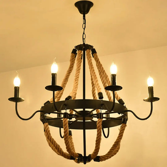 Circular Industrial Restaurant Chandelier With Hemp Rope In Black Iron Finish 6 / C