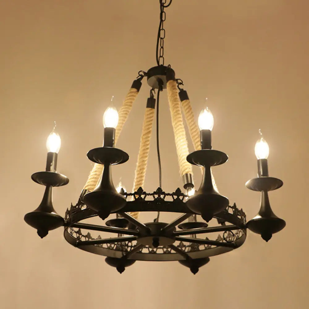 Circular Industrial Restaurant Chandelier With Hemp Rope In Black Iron Finish 6 / E
