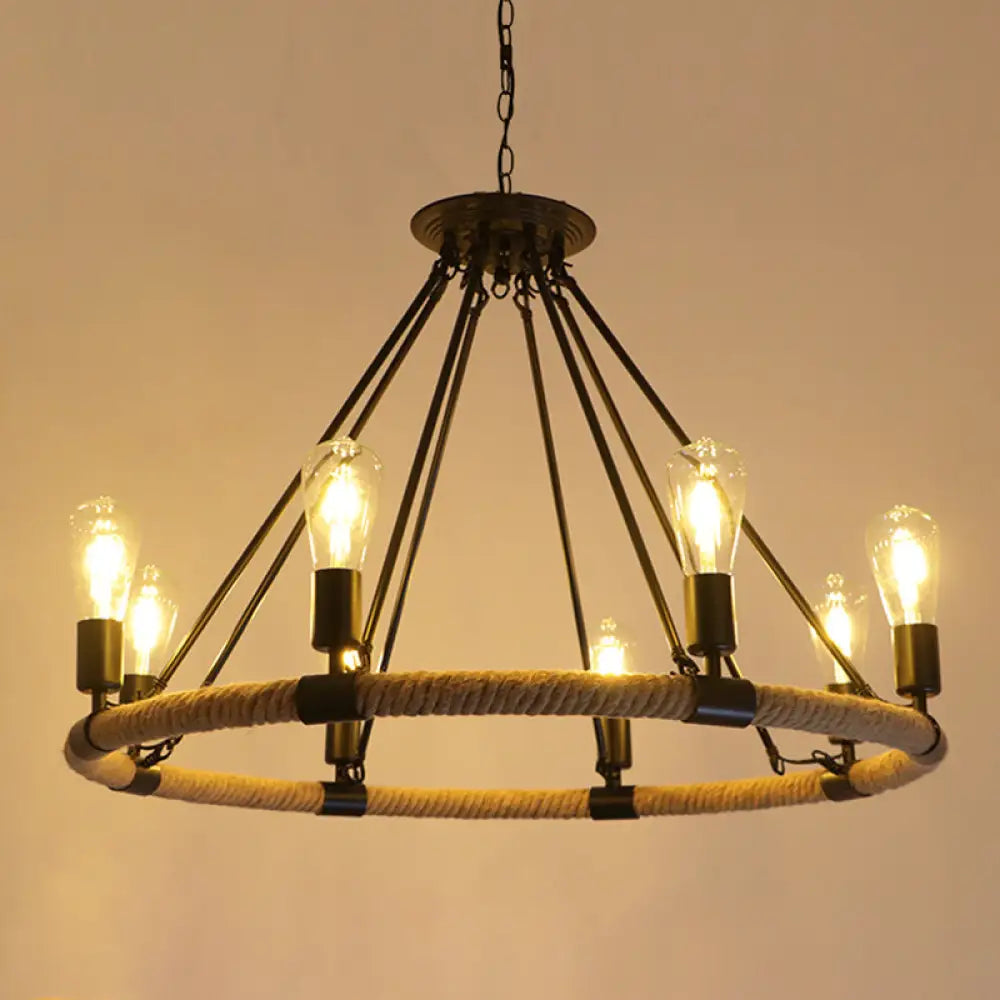 Circular Industrial Restaurant Chandelier With Hemp Rope In Black Iron Finish 8 / D