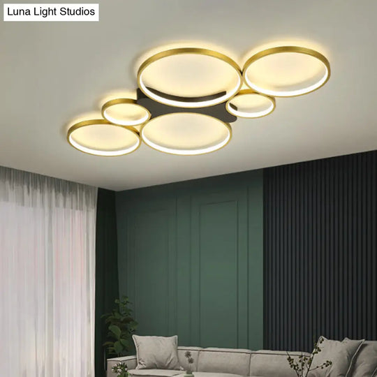 Circular/Square Metal Flush Mount Ceiling Lamp With 6 Contemporary Lights In Black/Gold And