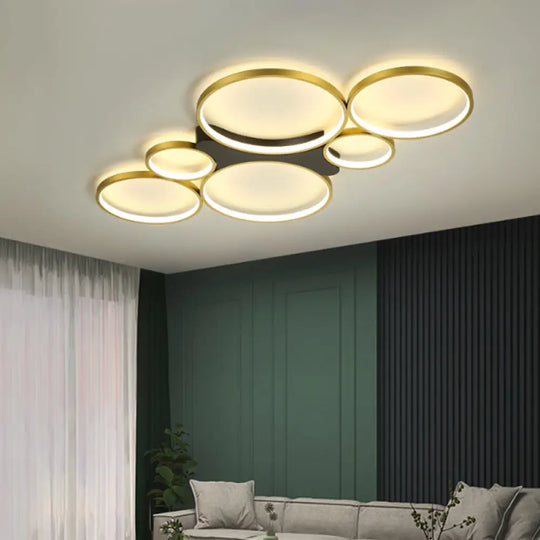 Circular/Square Metal Flush Mount Ceiling Lamp With 6 Contemporary Lights In Black/Gold And