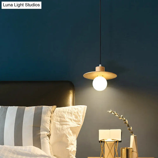 Minimalist Circular Wood Led Mini Pendant Lamp For Bedroom Ceiling In Beige