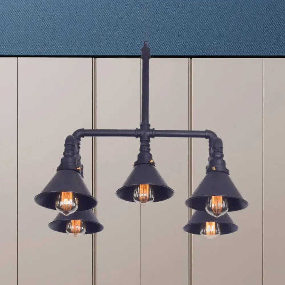 Clara - Farmhouse Metal Cone Pendant Chandelier 5-Bulb Living Room Ceiling Hang Fixture In