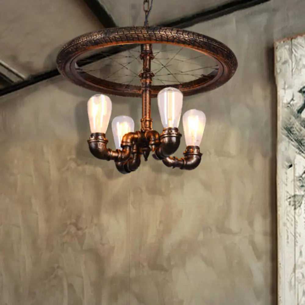 Clara - Retro Wagon Wheel Metal Light Chandelier Rustic 4-Light Dining Room Pendant Lighting In