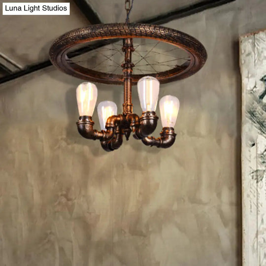 Clara - Retro Wagon Wheel Metal Light Chandelier Rustic 4-Light Dining Room Pendant Lighting In