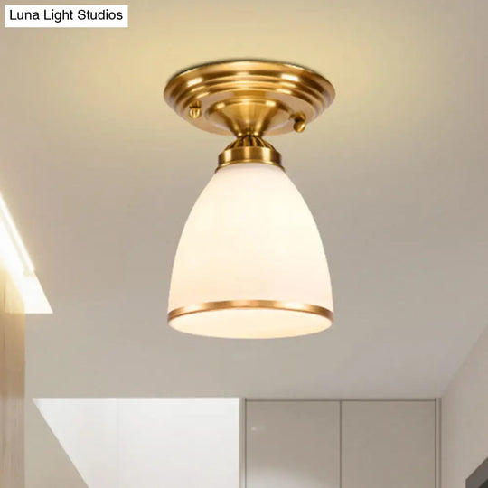 Classic 1-Light Glass Flush Mount Lamp In Brass - Globe/Cone Design For Corridor Ceiling Lighting