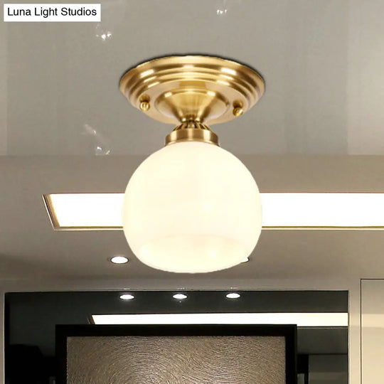 Classic 1-Light Glass Flush Mount Lamp In Brass - Globe/Cone Design For Corridor Ceiling Lighting
