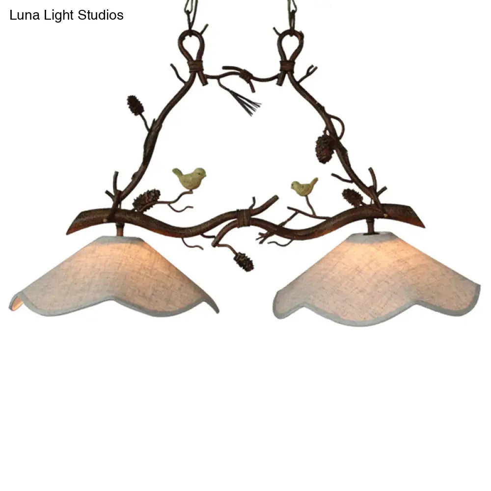 Classic 2-Head Resin Branch Suspension Light With Scalloped Shade - Brown