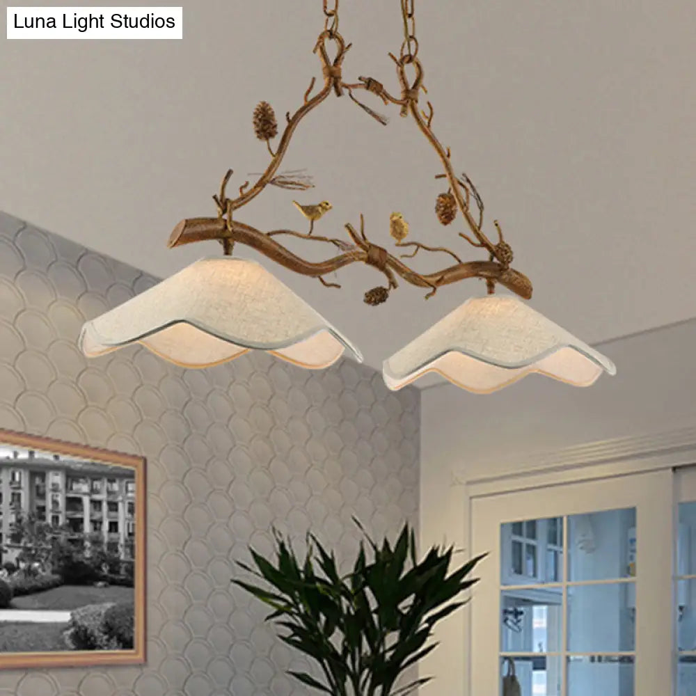 Classic 2-Head Resin Branch Suspension Light With Scalloped Shade - Brown