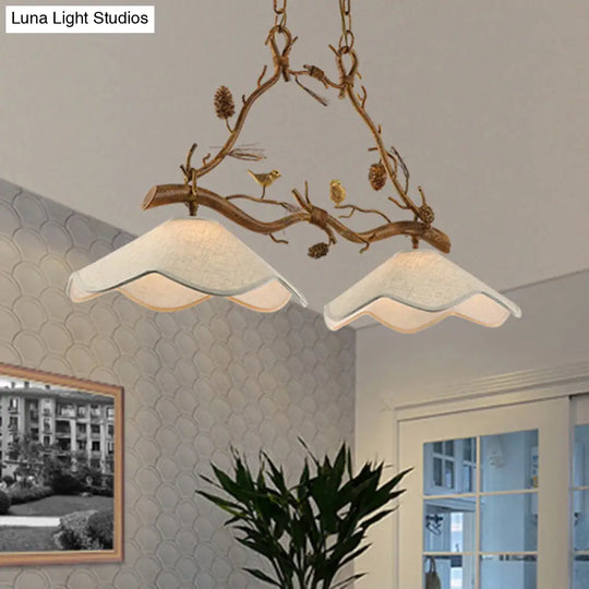 Classic 2-Head Resin Branch Suspension Light With Scalloped Shade - Brown