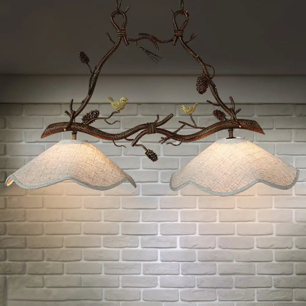 Classic 2-Head Resin Branch Suspension Light With Scalloped Shade - Brown / A