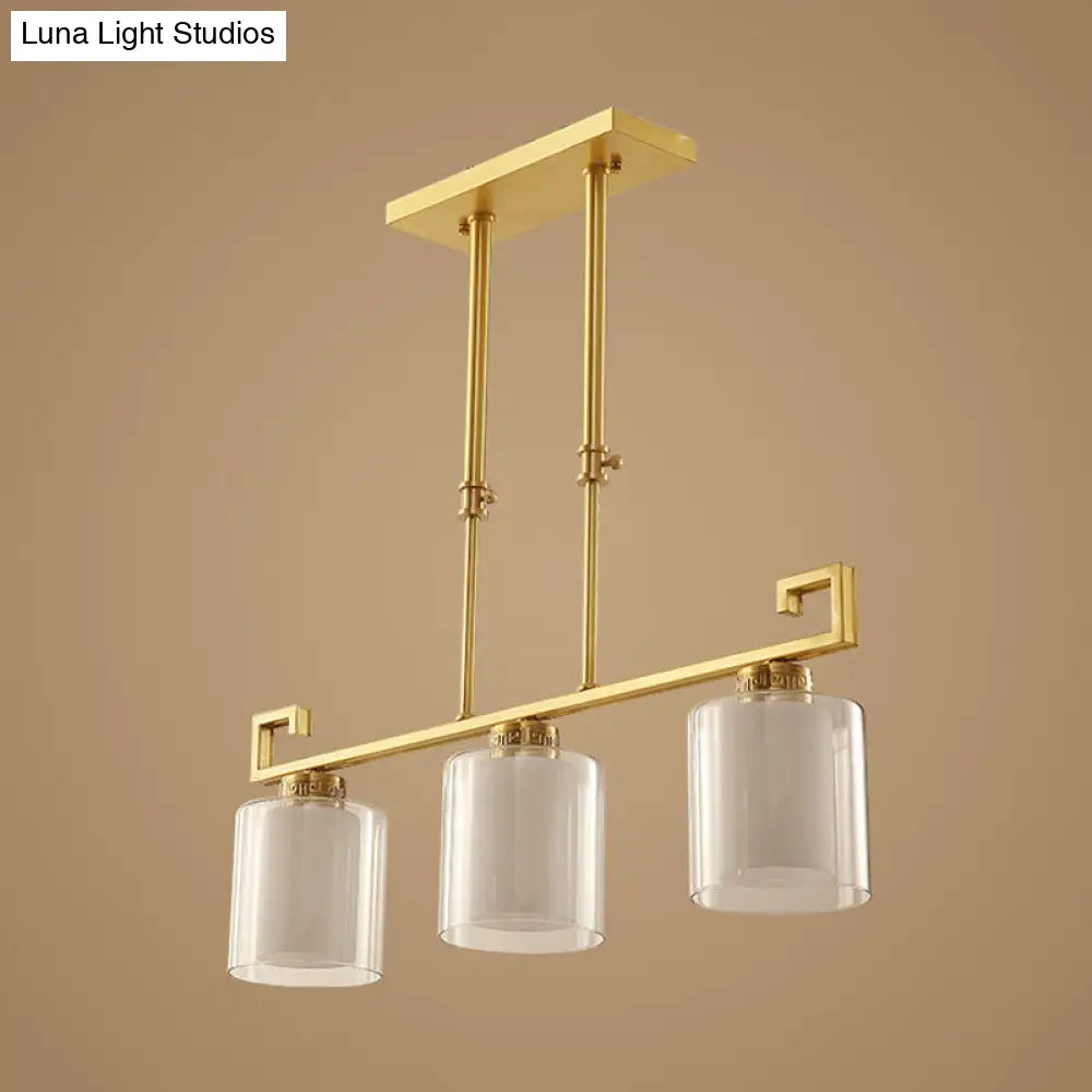 Classic 2-Layer Cylinder Island Lighting: Clear And Opal Glass Pendulum Lamp 3 Heads Brass Finish