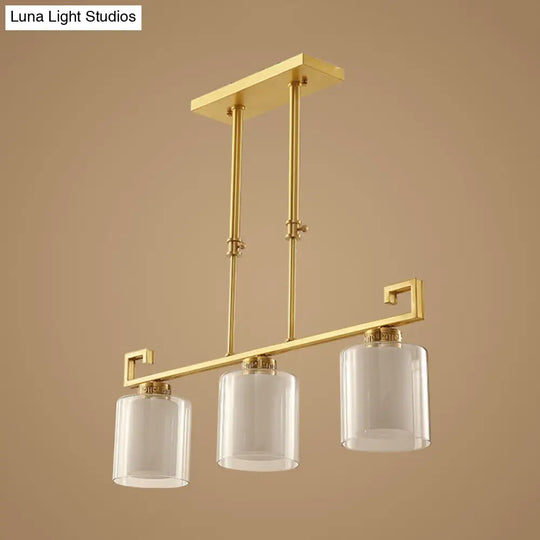 Classic 2-Layer Cylinder Island Lighting: Clear And Opal Glass Pendulum Lamp 3 Heads Brass Finish