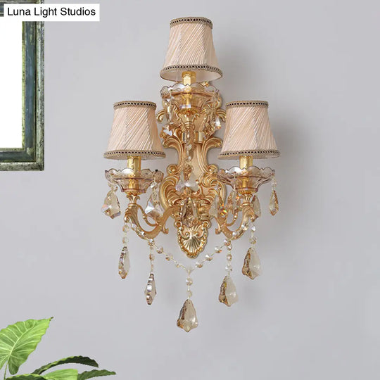 Classic 3-Light Bell Fabric Wall Sconce In Gold With Dangling Crystal - Perfect For Living Room