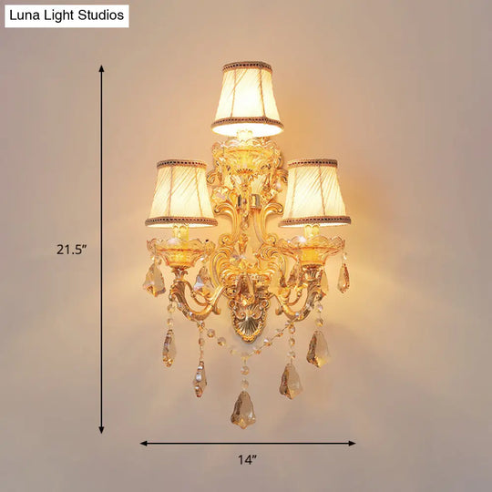 Classic 3-Light Bell Fabric Wall Sconce In Gold With Dangling Crystal - Perfect For Living Room