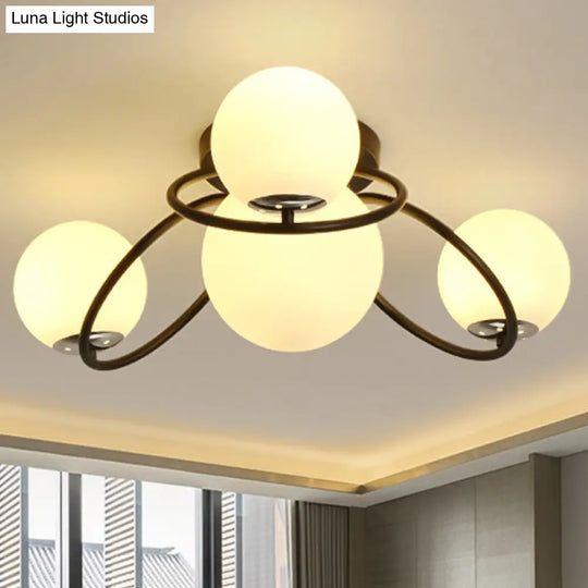 Classic 4-Light Opal Glass Semi-Flush Ceiling Fixture In Black/White For Living Room