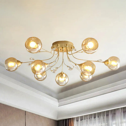 Classic Amber Glass Ball Semi - Flush Light Fixture With Crystal Accent (6/9 - Light) For Living