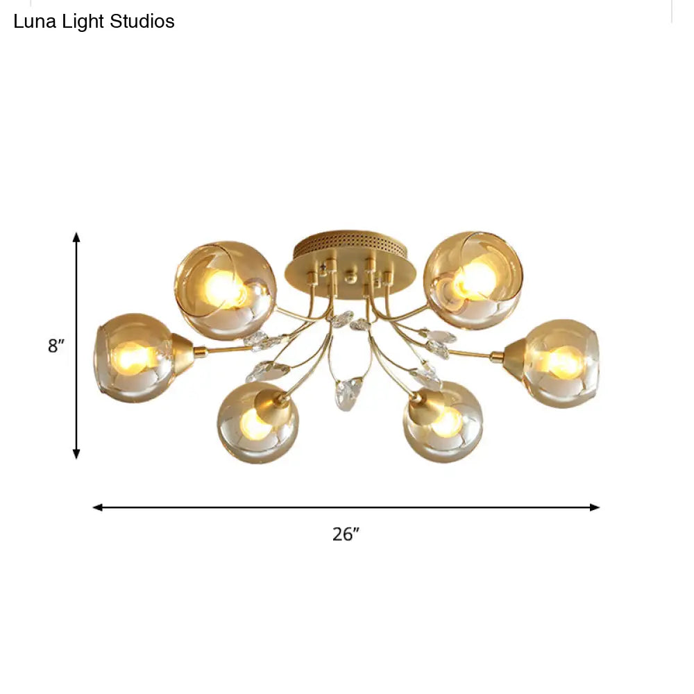 Classic Amber Glass Ball Semi - Flush Light Fixture With Crystal Accent (6/9 - Light) For Living