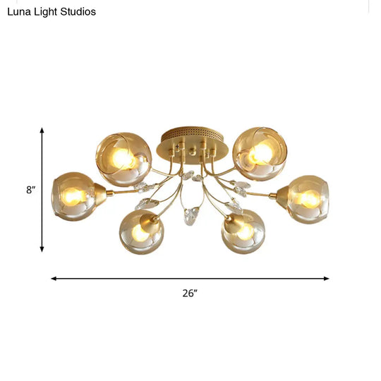 Classic Amber Glass Ball Semi - Flush Light Fixture With Crystal Accent (6/9 - Light) For Living