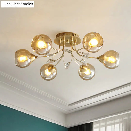 Classic Amber Glass Ball Semi - Flush Light Fixture With Crystal Accent (6/9 - Light) For Living