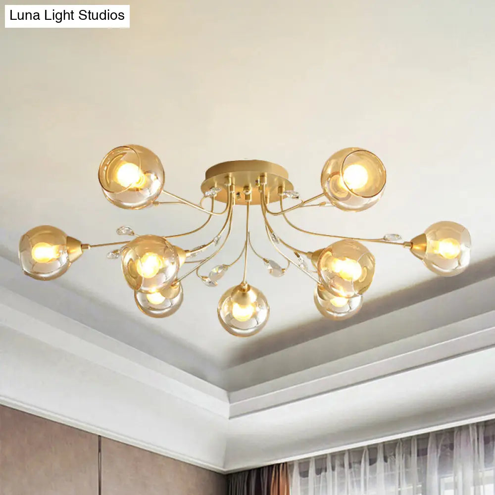 Classic Amber Glass Ball Semi-Flush Light Fixture With Crystal Accent (6/9-Light) For Living Room