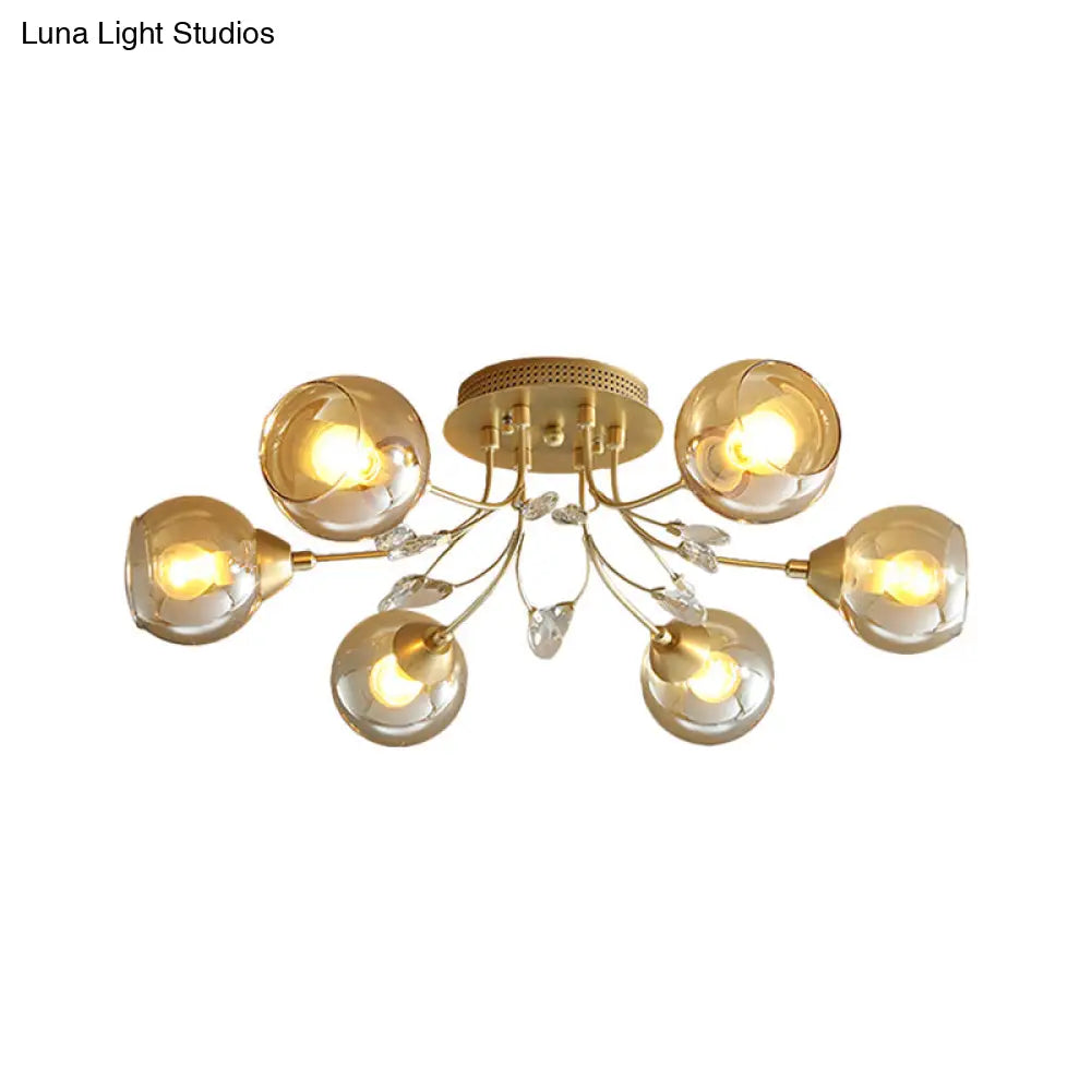 Classic Amber Glass Ball Semi - Flush Light Fixture With Crystal Accent (6/9 - Light) For Living