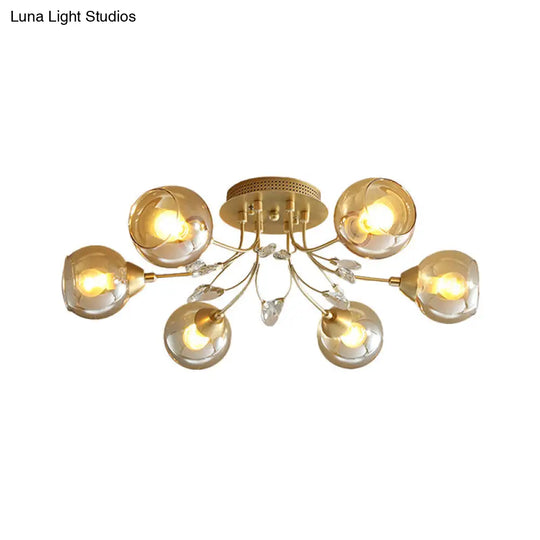 Classic Amber Glass Ball Semi-Flush Light Fixture With Crystal Accent (6/9-Light) For Living Room