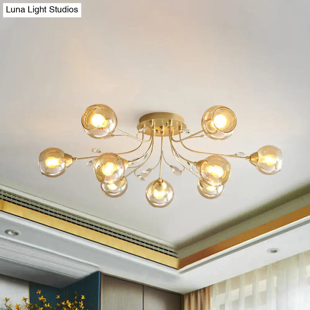 Classic Amber Glass Ball Semi-Flush Light Fixture With Crystal Accent (6/9-Light) For Living Room