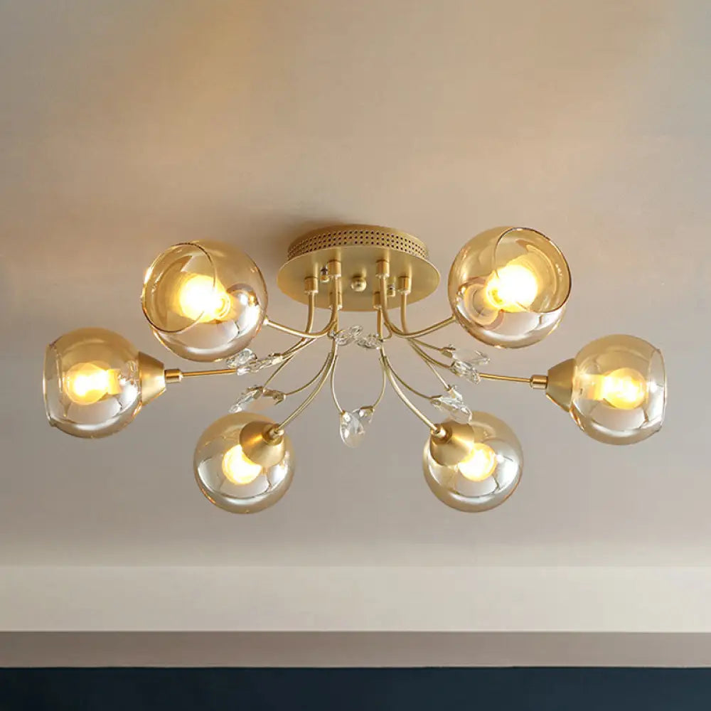 Classic Amber Glass Ball Semi - Flush Light Fixture With Crystal Accent (6/9 - Light) For Living
