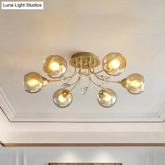 Classic Amber Glass Ball Semi - Flush Light Fixture With Crystal Accent (6/9 - Light) For Living