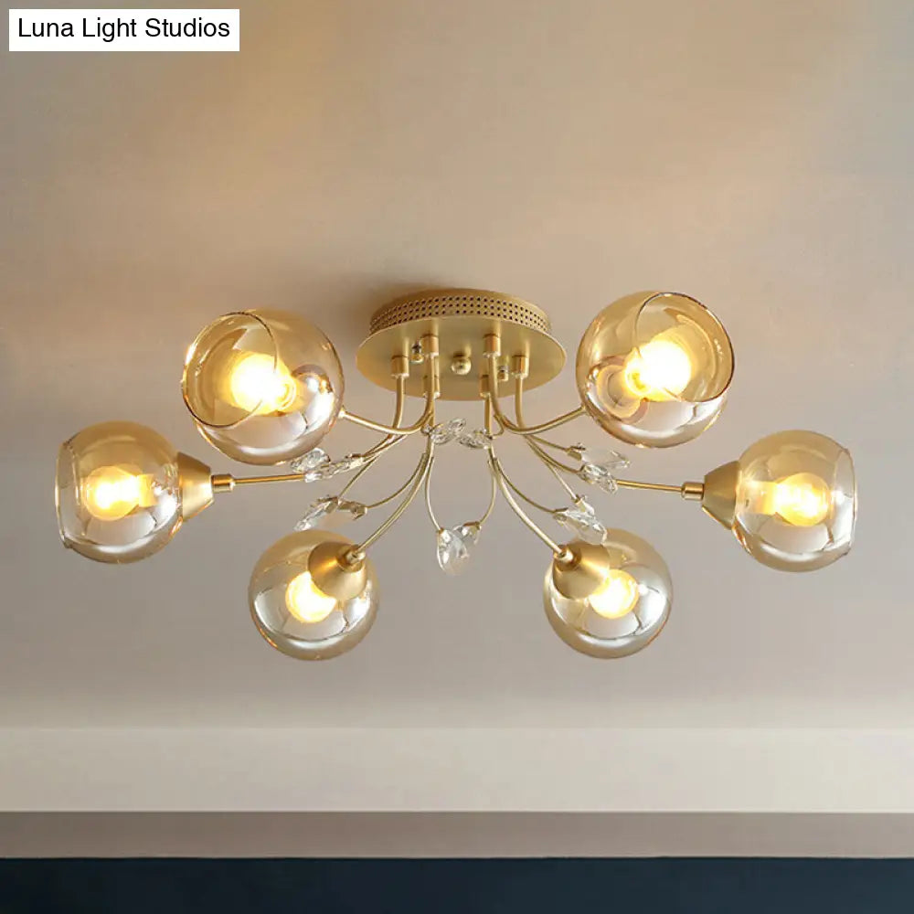 Classic Amber Glass Ball Semi-Flush Light Fixture With Crystal Accent (6/9-Light) For Living Room