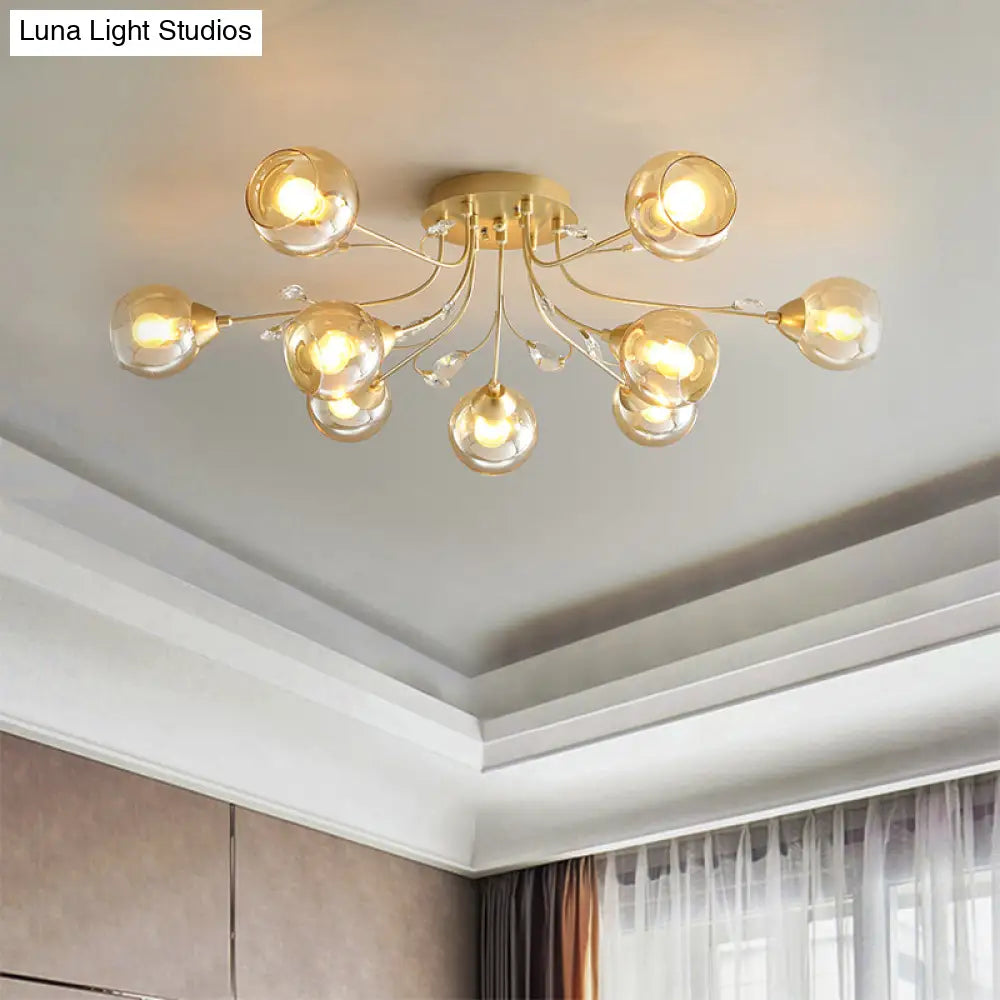 Classic Amber Glass Ball Semi - Flush Light Fixture With Crystal Accent (6/9 - Light) For Living