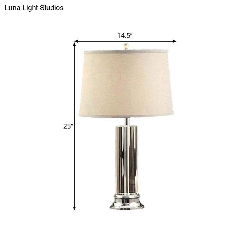 Classic Barrel Shade Nightstand Lamp - 1-Head Fabric Table Light In Beige With Crystal Post