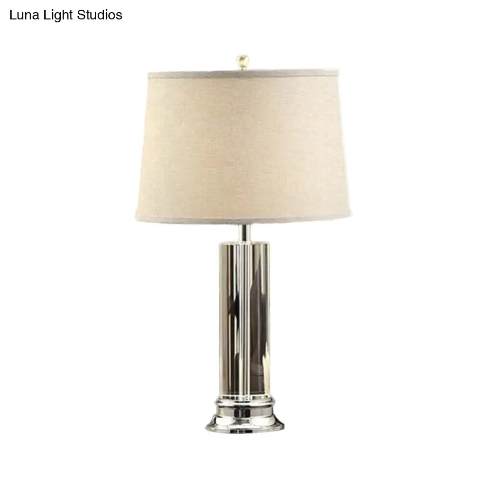 Classic Barrel Shade Nightstand Lamp - 1-Head Fabric Table Light In Beige With Crystal Post