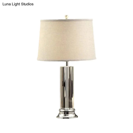 Classic Barrel Shade Nightstand Lamp - 1-Head Fabric Table Light In Beige With Crystal Post