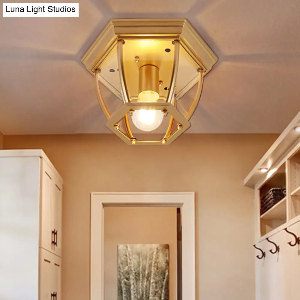 Classic Bedroom Charm: 1-Light Glass Shade Colonial Style Polyhedron Flush Mount Ceiling Light