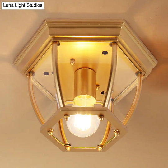 Classic Bedroom Charm: 1-Light Glass Shade Colonial Style Polyhedron Flush Mount Ceiling Light