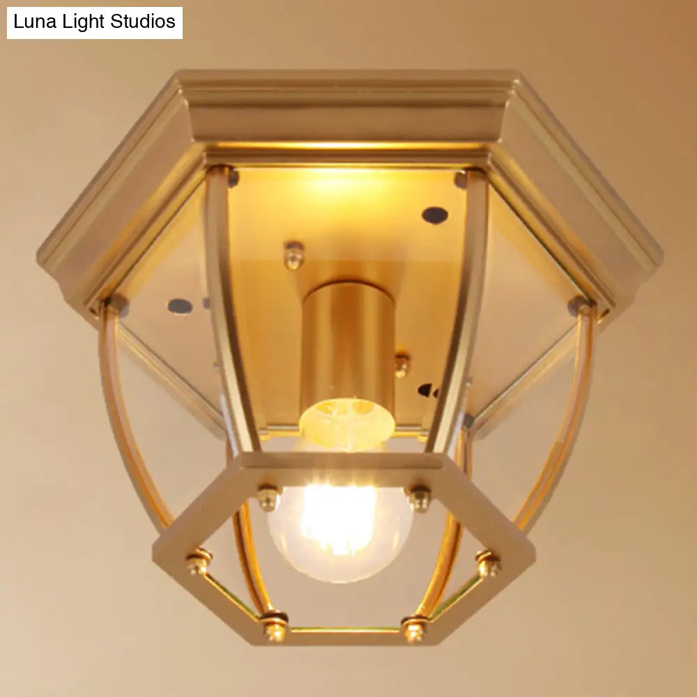 Classic Bedroom Charm: 1-Light Glass Shade Colonial Style Polyhedron Flush Mount Ceiling Light