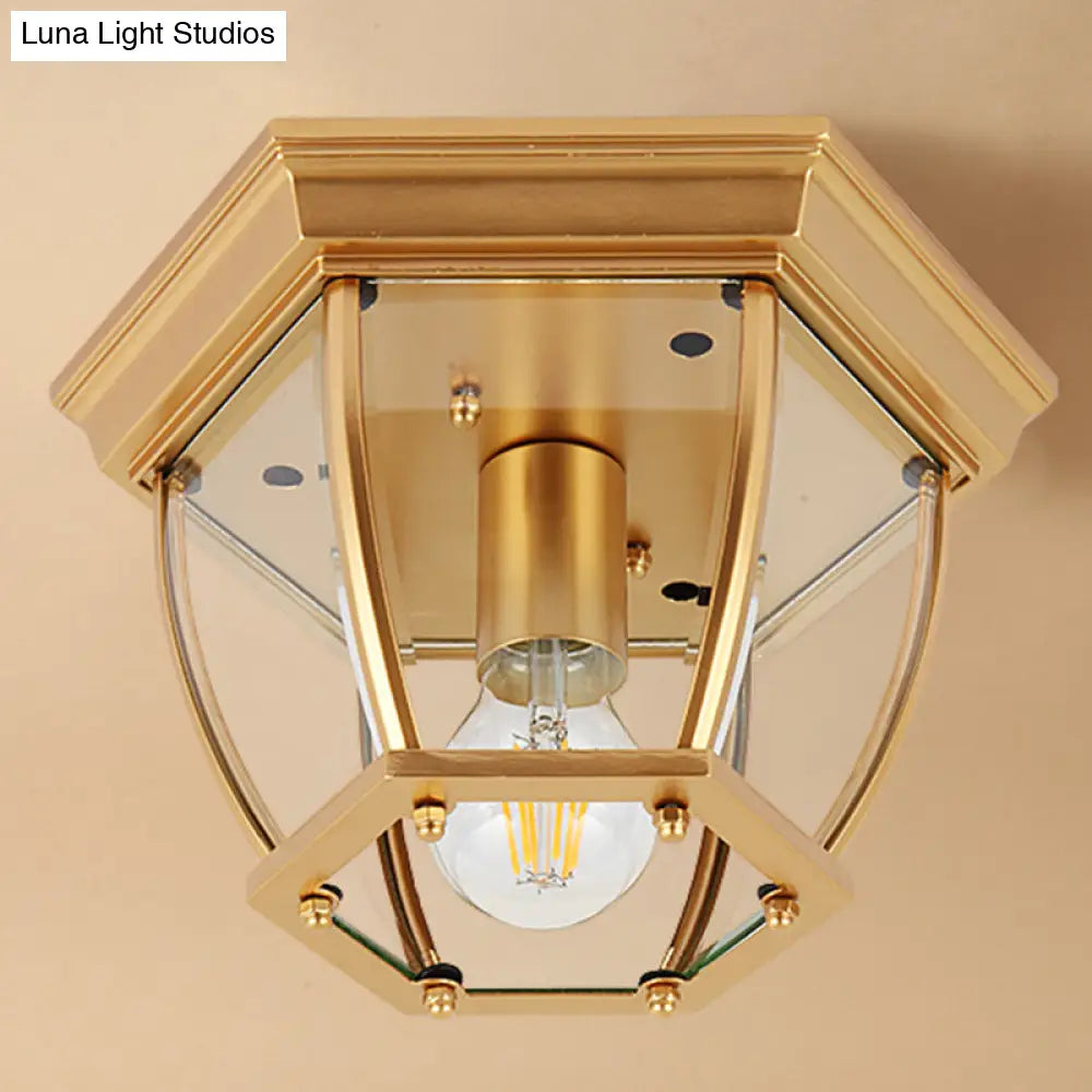 Classic Bedroom Charm: 1-Light Glass Shade Colonial Style Polyhedron Flush Mount Ceiling Light